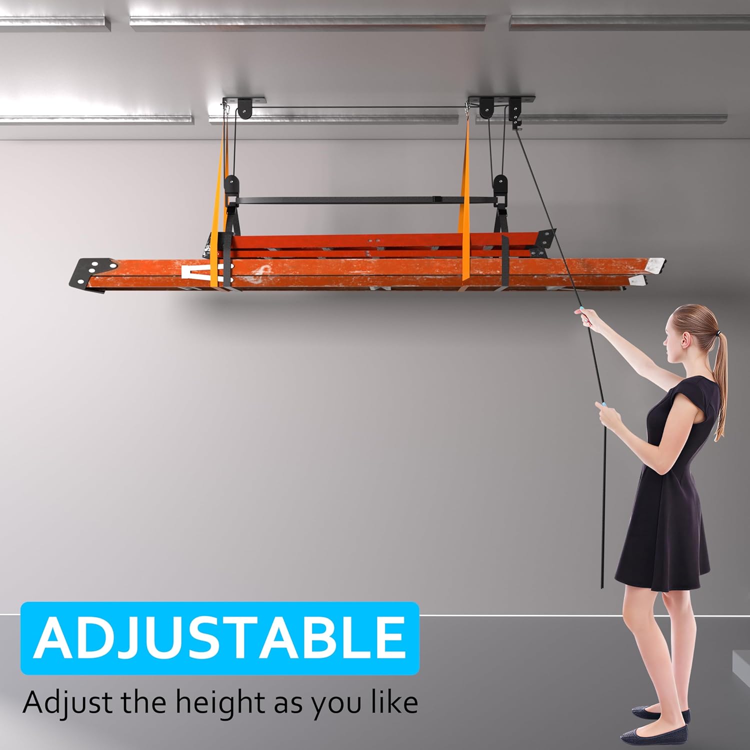 Ceiling Ladder Hoist, Heavy Duty Pulley System for Garage Storage, Ladder Hanger Hold Up to 150 lbs Capacity for Kayak, Cargo Box, Canoe, Bike Lift, Fit 10-18 Foot Ceilings, Black