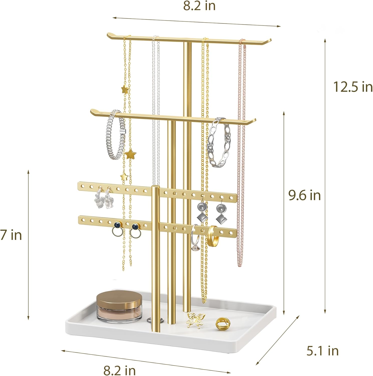 pickpiff Jewelry Stand Holder Organizer: 12.5" Tall Sturdy Hanger for 80 Pcs Jewelry, Gold Jewlery Tower for Necklace, Earring, Bracelet