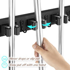 2 Pack Black Mop Broom Holder Wall Mount - Wood Broom Mop Hanger - Wall Mounted Garden Tool Rack Organizer for Closet Garage Laundry Room, 4 Slots & 4 Hooks