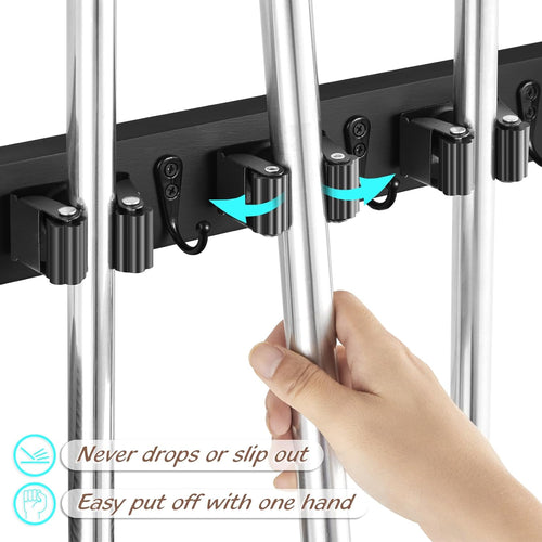 2 Pack Black Mop Broom Holder Wall Mount - Wood Broom Mop Hanger - Wall Mounted Garden Tool Rack Organizer for Closet Garage Laundry Room, 4 Slots & 4 Hooks