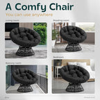 Bme 40" Ergonomic Wicker Papasan Chair with Soft Thick Density Fabric Cushion, High Capacity Steel Frame, 360 Degree Swivel for Living, Bedroom, Reading Room, Lounge, Onyx Stone - Black Base