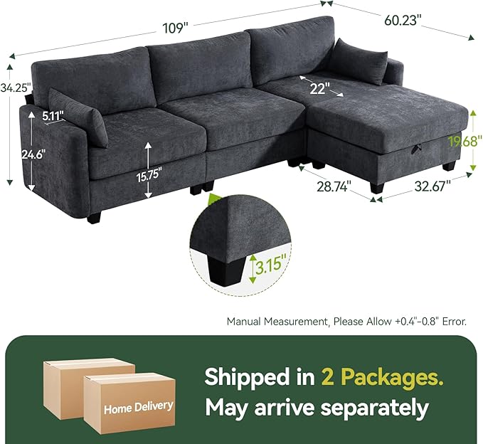 109'' Modular Sectional Sofa, L Shaped Couch with Storage Ottoman, Co...