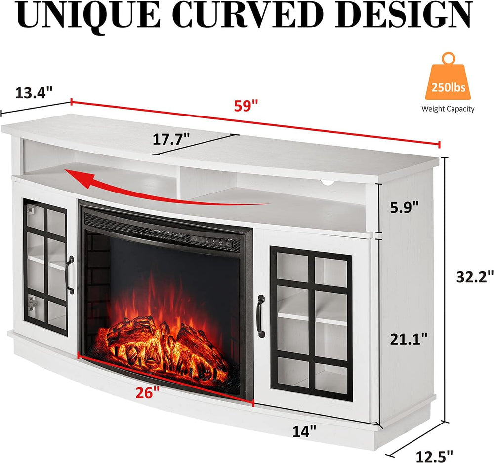 LUXOAK 59" Curved Fireplace TV Stand with Storage Cabinet for TVs Up to ...