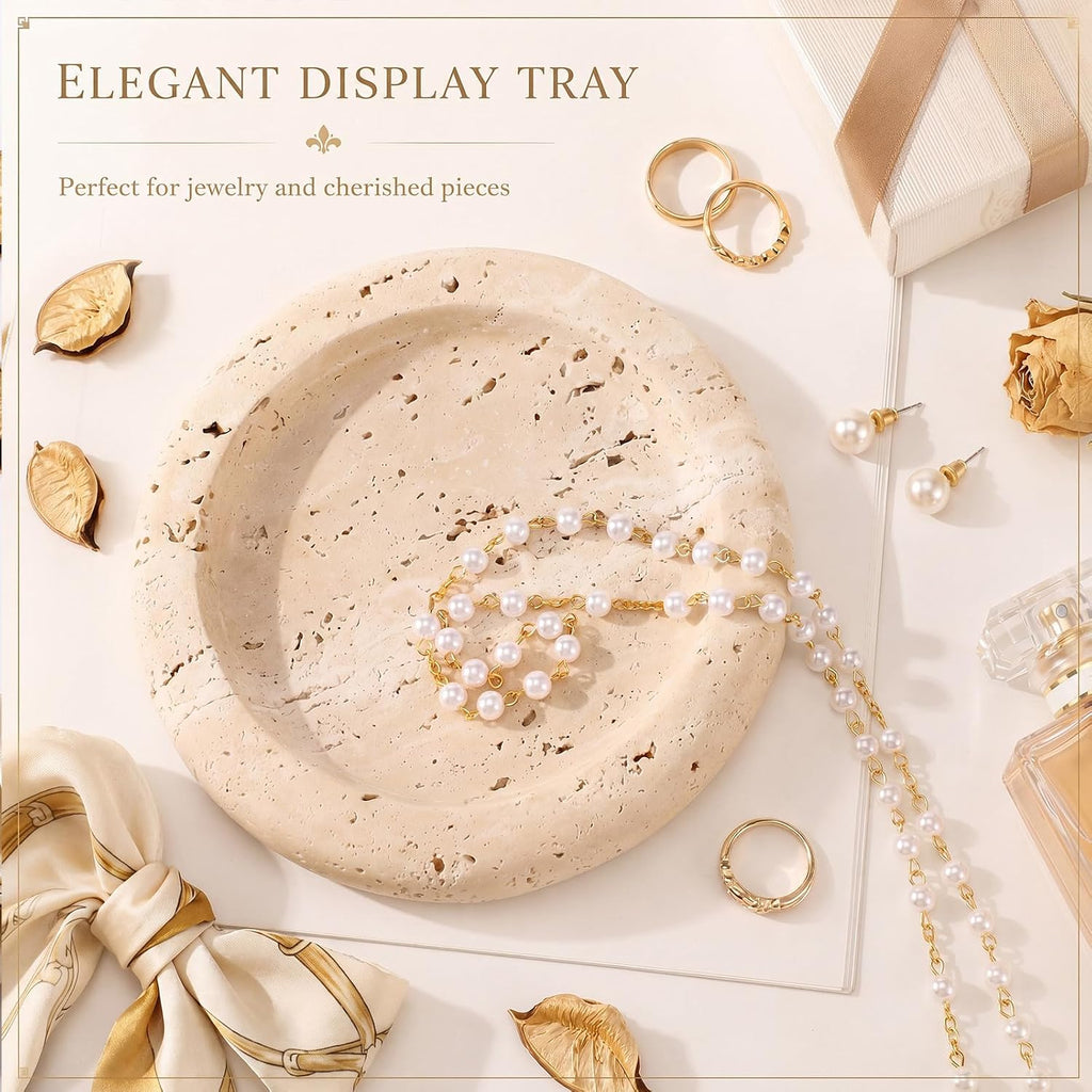 5.5 Inch Small Travertine Stone Tray Marble Jewelry Dish Trinket Tray for Women, Perfume, Coffee Table (Round)