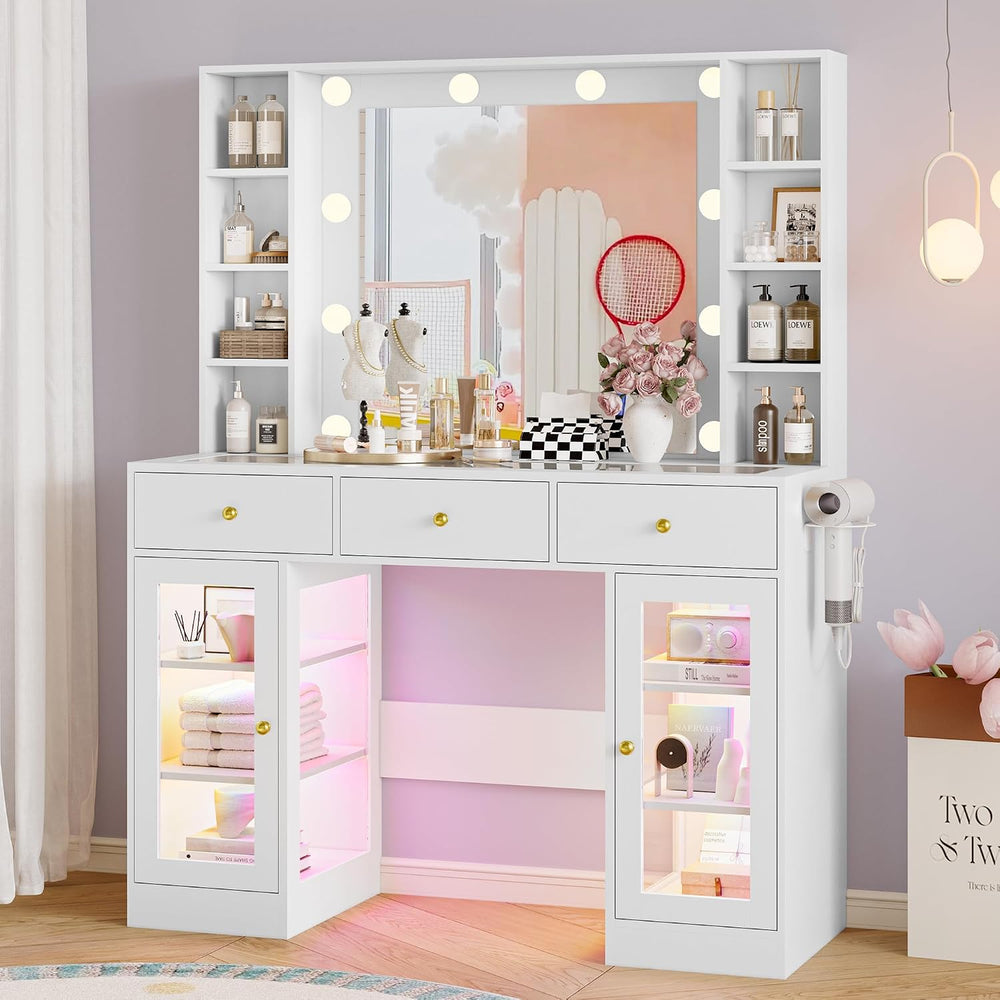 Wodeer Makeup Vanity Desk with Mirror and Lights, White Vanity with Glass Top...