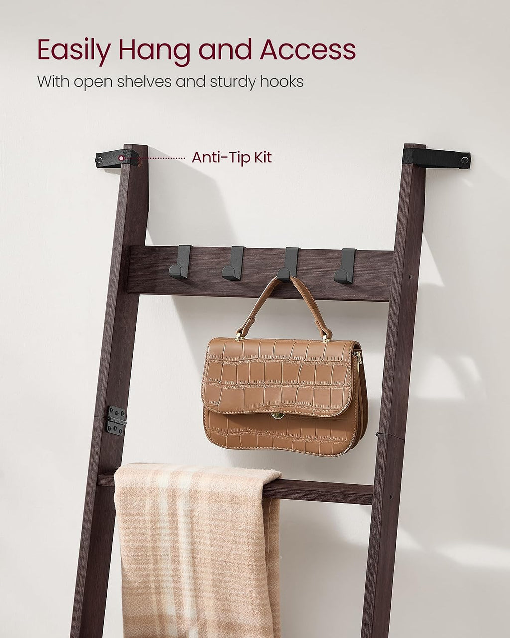 VASAGLE CUSTOS Collection - Blanket Ladder Shelf, 5-Tier Ladder Rack for Storage and Decor with 4 Removable Hooks, Decorative Farmhouse for the Living Room, Maroon Brown ULLS028K01