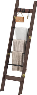 Blanket Ladder for Living Room, Decorative Quilt Rack with 4 Removable Hooks, 6-Tier Farmhouse Ladder Holder Shelf Organizer for Bedroom, Black Tea Brown and Black BR31520B