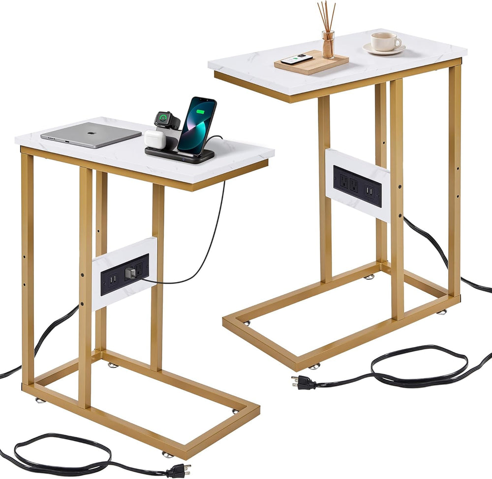 VECELO C-Shaped End Side Table Set of 2, with Charging Station & Two USB ...