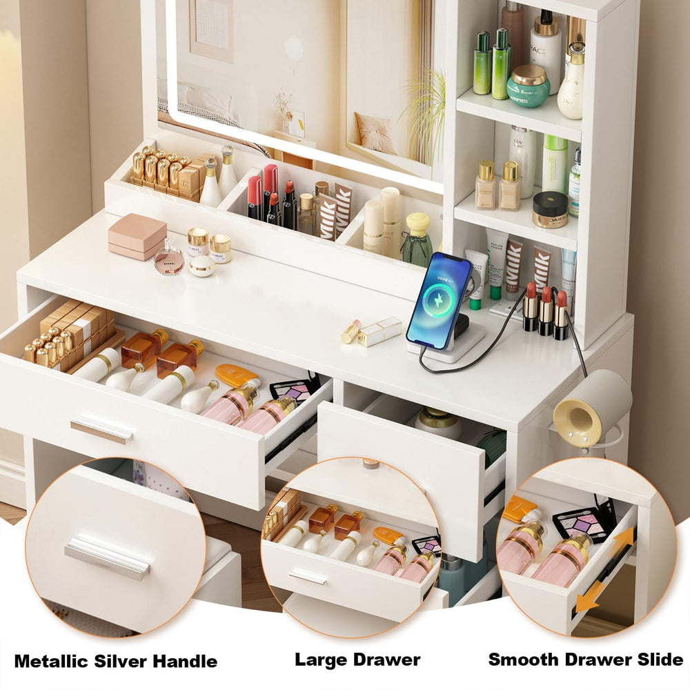 OTOQS Vanity Desk with Mirror and Lights,4 Drawers & Bench Vanity Desk Se...