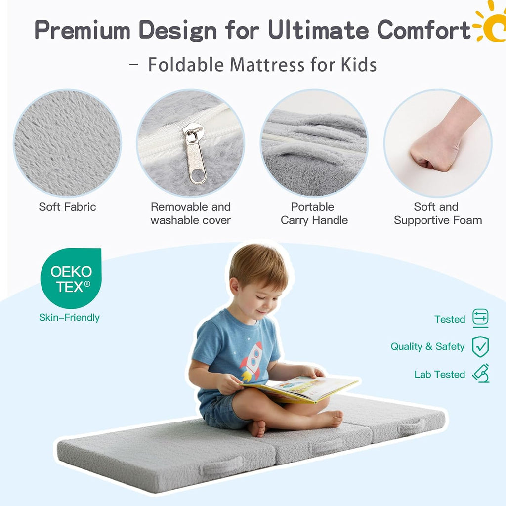 Tiita Foldable Floor Mattress for Kids -Daycare Sleeping Plush Futon or Floor Mat with Storage Bag, Toddler Floor Nap Mat, Portable Toddler Travel Mattress for Camping & Guest Use, Playroom, Grey