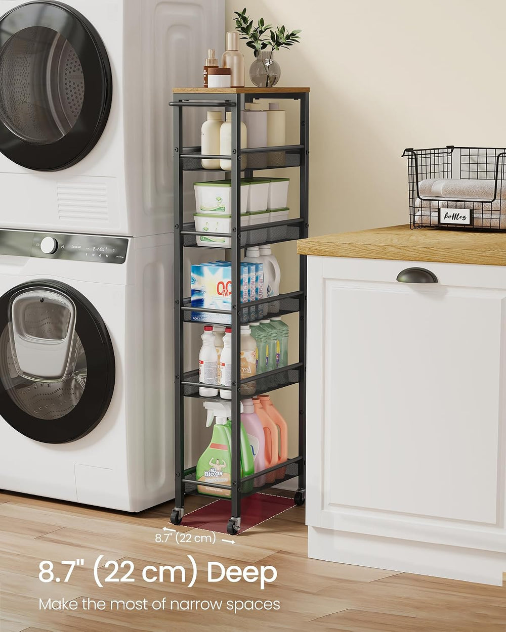 VASAGLE 6-Tier Slim Rolling Storage Cart, Narrow Kitchen Cart with Wheels, Ut...