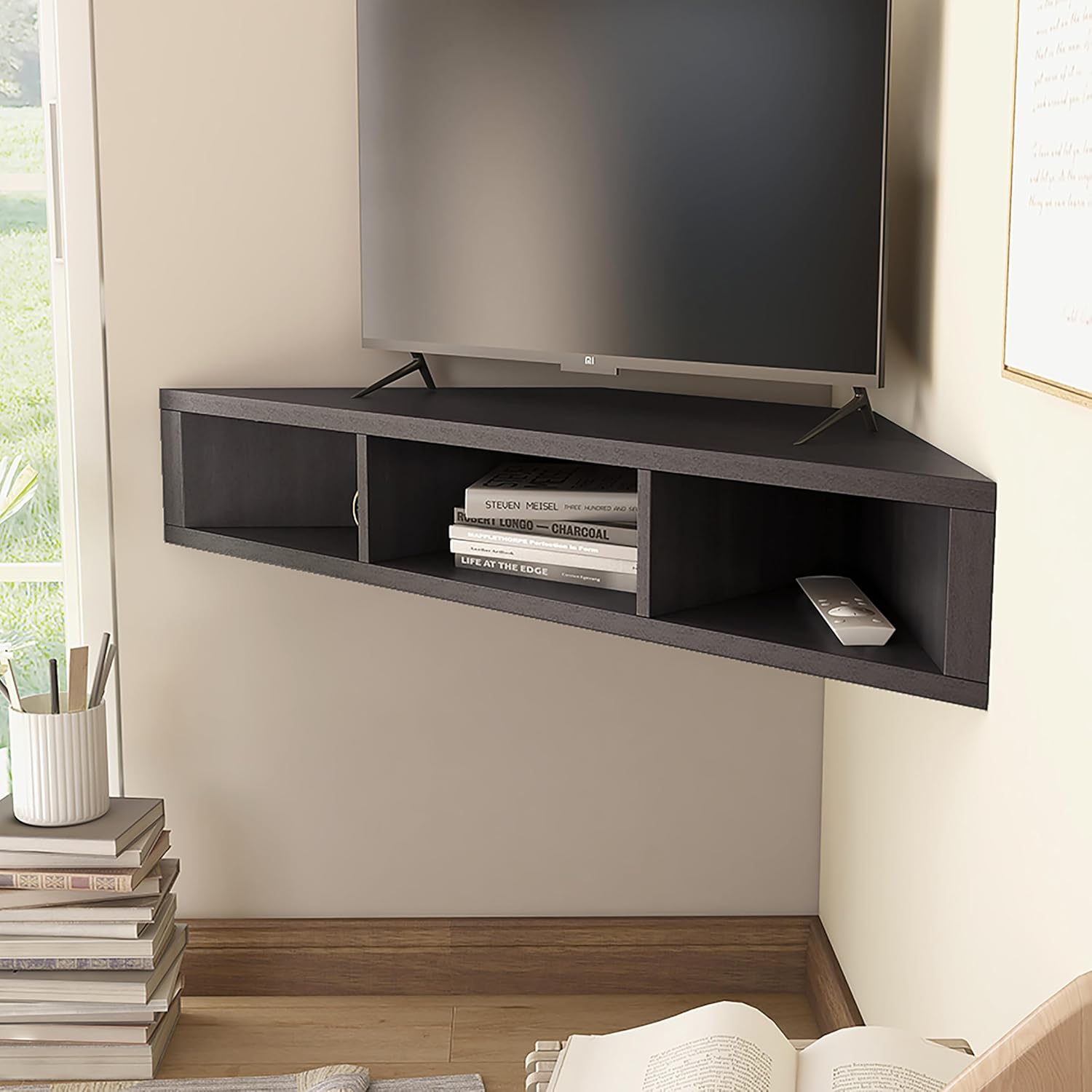 24/7 Shop at Home French 47 inch Modern Floating TV Stand with Storage, Floating Corner Shelf for Wall, Wood Entertainment Center with Shelves for Living Room, Bedroom, Family, Cappuccino Brown