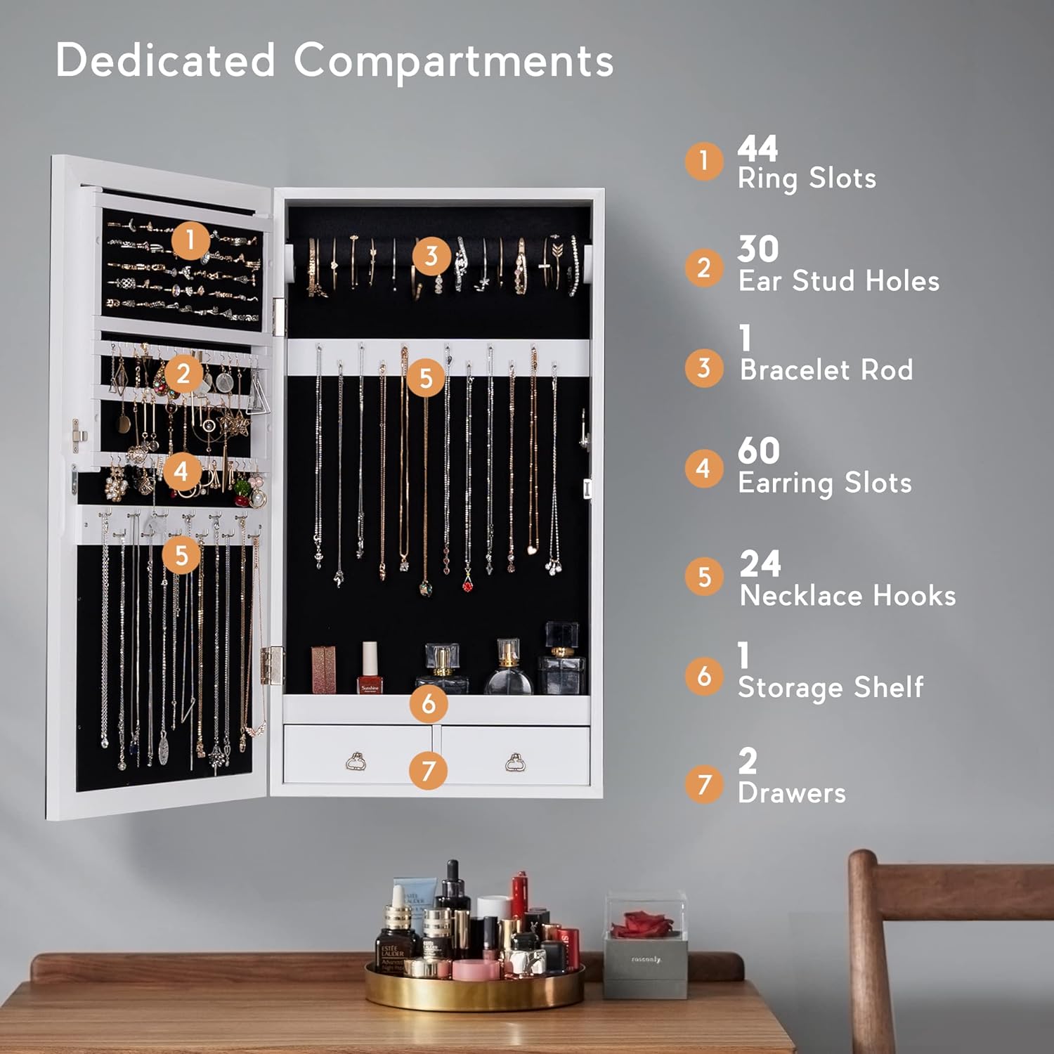 LAVIEVERT Jewelry Armoire with LED Lighted Mirror, Wall/Door Mounted Frameless Mirror with 3 Color Lights, Lockable Jewelry Cabinet Hanging Jewelry Organizer with 2 Drawers - White