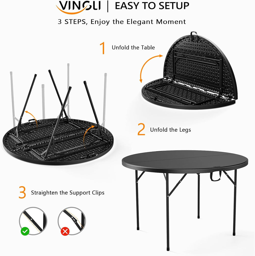 VINGLI Black 48" Round Bi-Folding Commercial Table, 4 Feet Portable Plas...