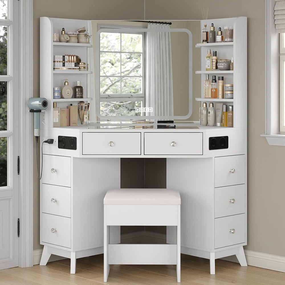 Yanosaku Corner Vanity Desk with Buil-in Speaker, 8 Drawers & 6 Shelves, ...