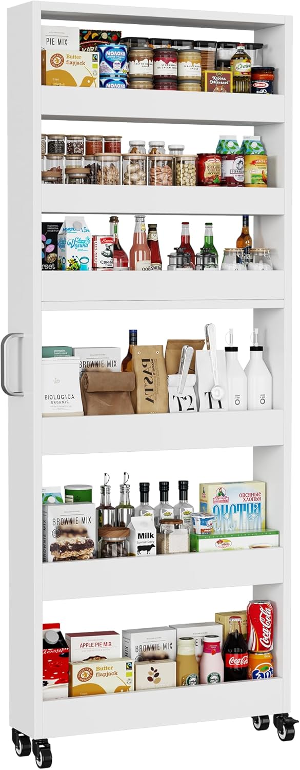 Slim Storage Cart, Lightweight 6 Tier Metal Rolling Utility Kitchen Cart on W...