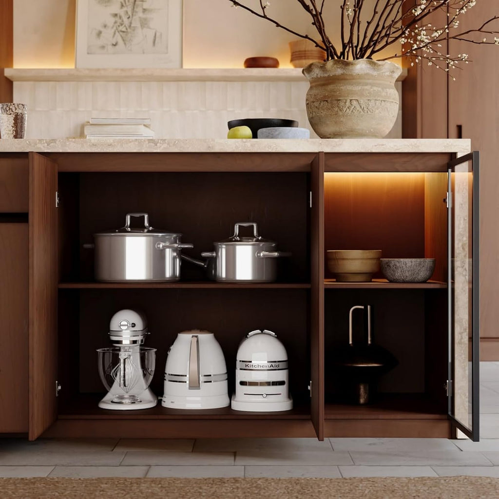 homary 72" Kitchen Island LED & Waterfall Edge - Modern Stationary Large Kitchen Cabinet with 3 Doors, 2 Drawers & Trash Storage, Adjustable Shelves (Matte Travertine & Walnut, Engineered Wood Top)