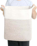 Tall Laundry Basket With Handles,Woven Cotton Rope Big Laundry Hamper Sorters,Versatile Storage for Dirty Clothes,Baby Toys,and Blankets in Bathroom, Nursery,and Living Room (White Brown, 80L)