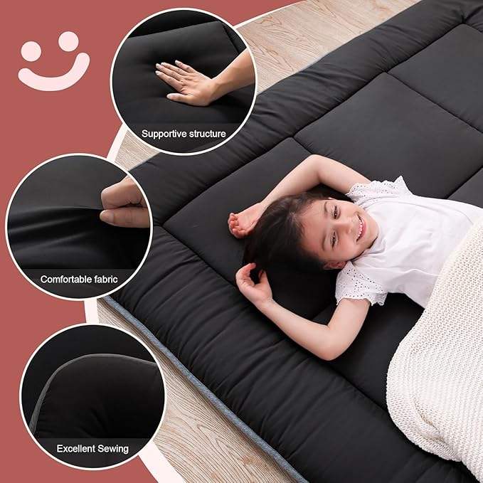 WhatsBedding Japanese Floor Mattress Futon Mattress 3" Black Tatami Mat Shredded Memory Foam Filled Sleeping Pad, Foldable & Portable Roll Up Lounger Camping Bed for Kids and Adult,Queen Size 60"x 80"
