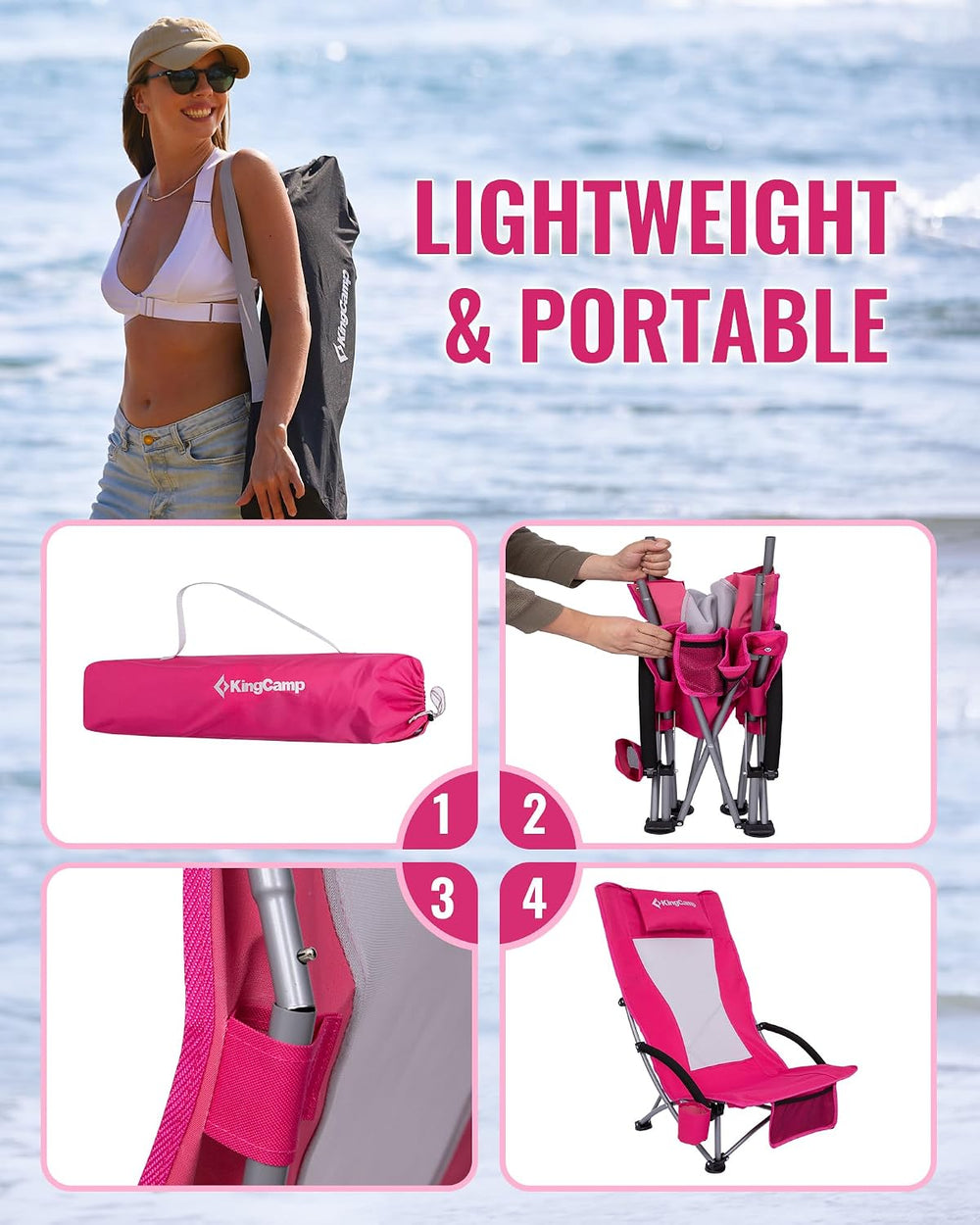 KingCamp Low Beach Chair, High Back Folding Camping Chair for Adults, Oversiz...