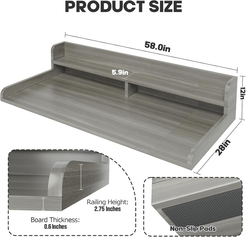 2-Tier Washer Dryer Countertop with 2.75" H Edge Rails, 58" W x 28" D Laundry Countertop for Folding Clothes, Washer and Dryer Topper with Non-Slip Pad (Stripe Gray)