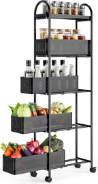KINGRACK Slim Storage Cart with Drawer, 5-Tier Rolling Utility Cart on Wheels, Narrow Metal Cart for Space Save, Easy Assembly for Kitchen Cart, Craft Cart, Laundry, Bathroom, Nursery Organizer