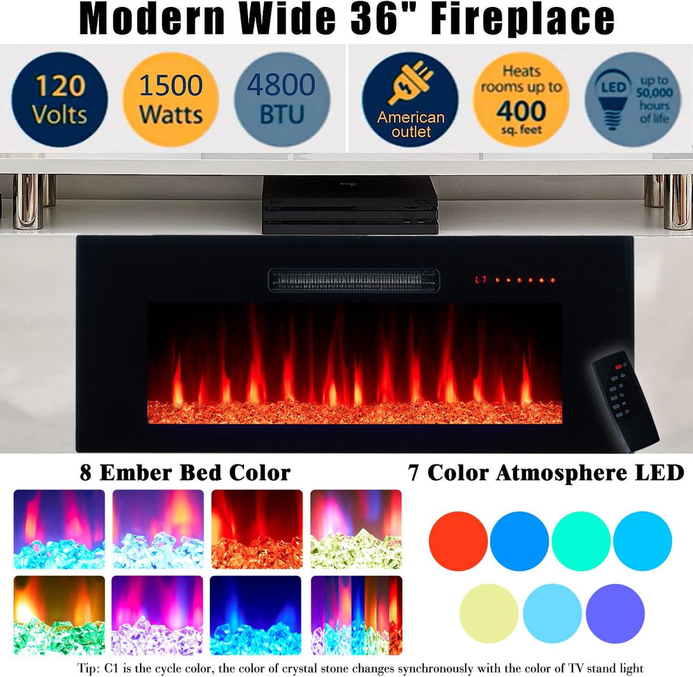 AMERLIFE 70" High-Gloss Fireplace TV Stand with 36" Electric Firepl...