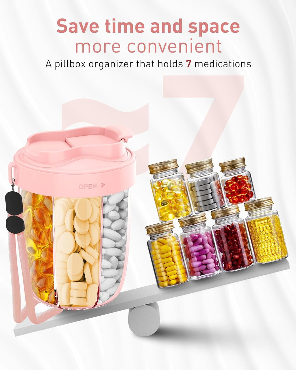 Large Pill Organizer,Supplement Organizer for 7 Different Vitamins,Pill Dispenser with Anti-Mixing Design,Easy to Retrieve Meds,Includes 20 Pcs Labels,Travel Pill Organizer(Pink)