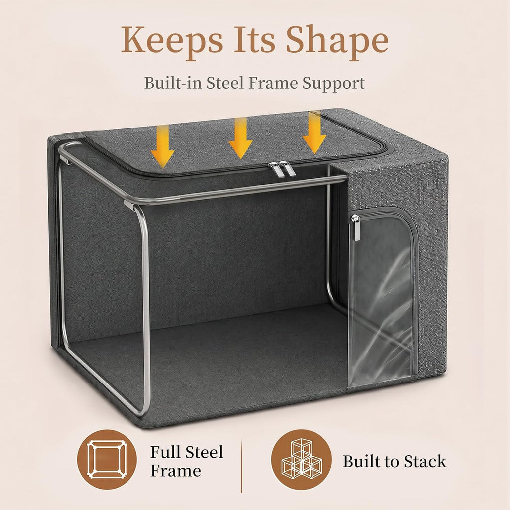 GoMaihe 3 Opening Clothes Storage Bins with Metal Frame 3 Pack 40L Grey | Sweaters Hoodies Towel T-Shirt, Closet Top Shelf Linen Closet Organizer, Stackable Collapse-Proof, Clear Window, Dual Access