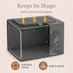 GoMaihe 3 Opening Clothes Storage Bins with Metal Frame 3 Pack 40L Grey | Sweaters Hoodies Towel T-Shirt, Closet Top Shelf Linen Closet Organizer, Stackable Collapse-Proof, Clear Window, Dual Access