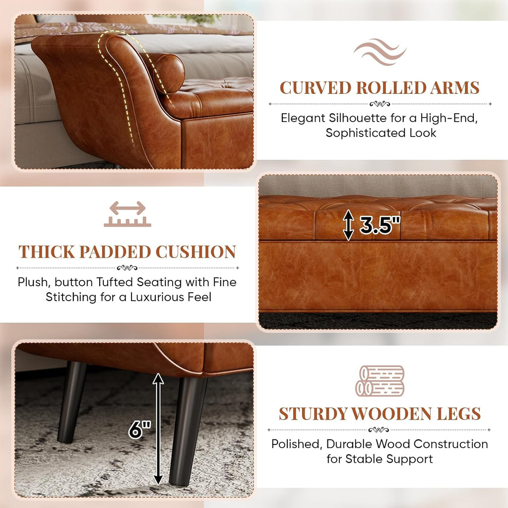 Faux Leather Storage Bench for Bedroom End of Bed, 65-Inch Rolled Arm Upholstered Bench with Hidden Storage, Brown End of Bed Bench with Sturdy Wood Frame, Space-Saving Entryway Ottoman Seat (Brown)