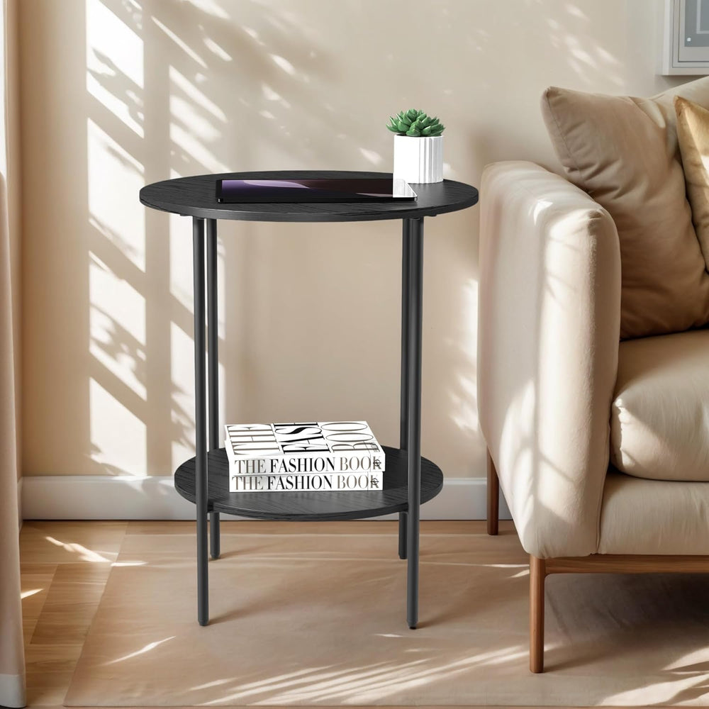 Side Table,Round End Table with 2 Storage Shelves| Compact Side Tables for Li...