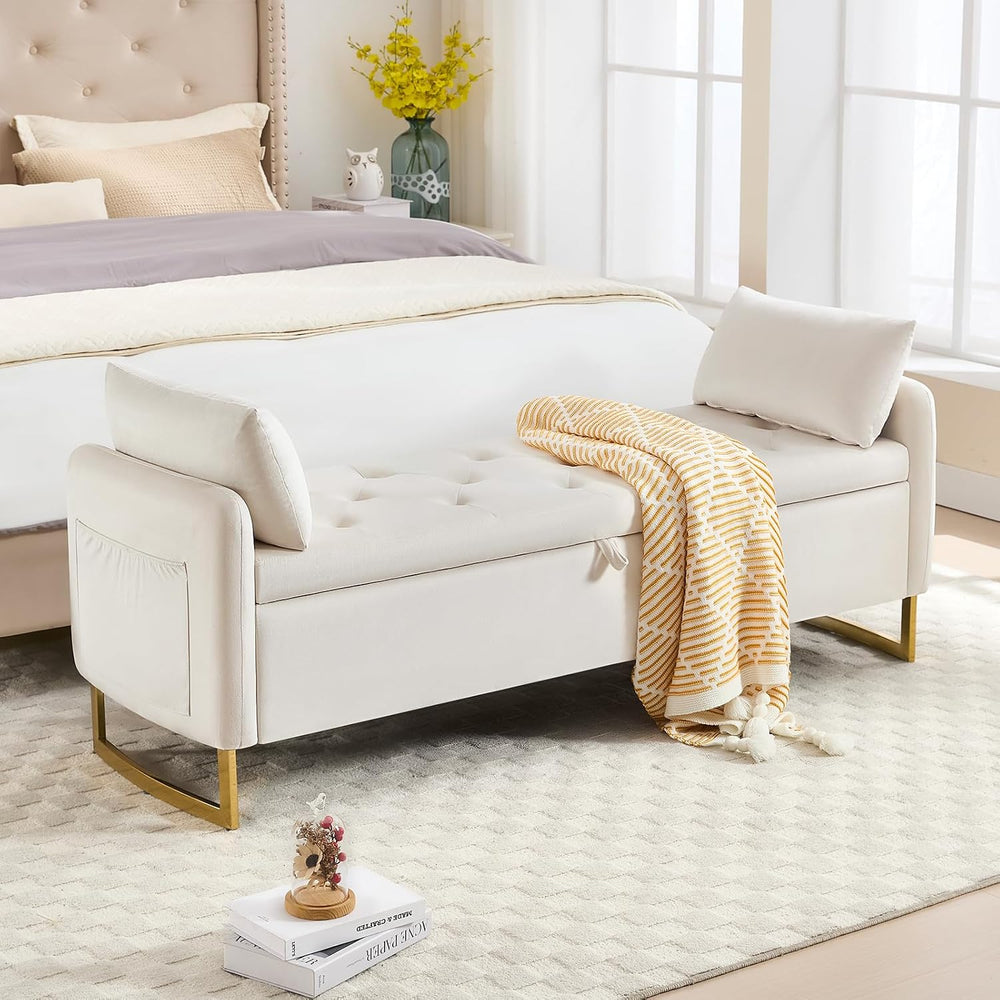 Storage Bench for Bedroom, 65 Inch End of Bed Storage Bench Beige | Velvet St...