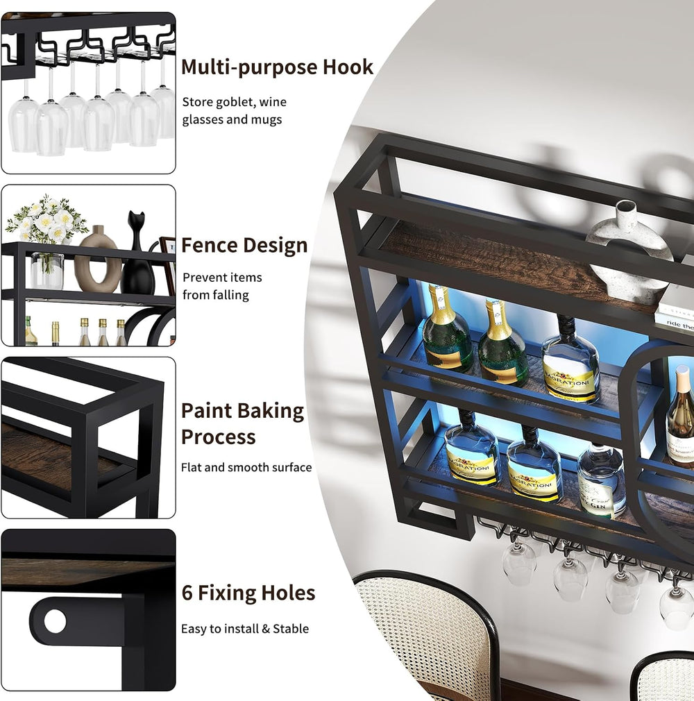Boshen Fully Assembled 3-Tiers 47in Wine Rack Wall Mounted with LED Light | F...