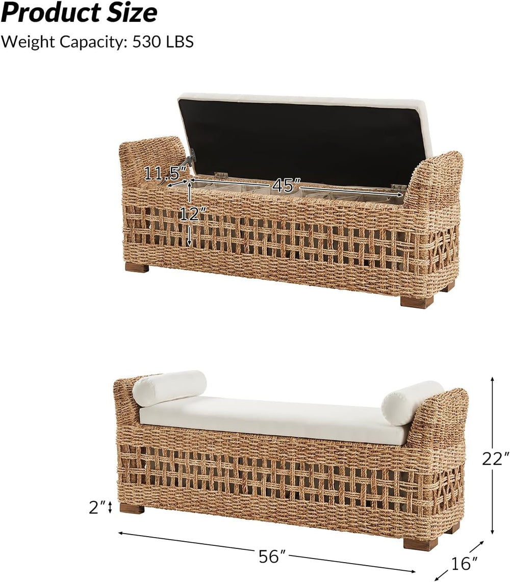HULALA HOME 56" Rattan Storage Bench, Boho Wicker End of Bed Bench, Natu...