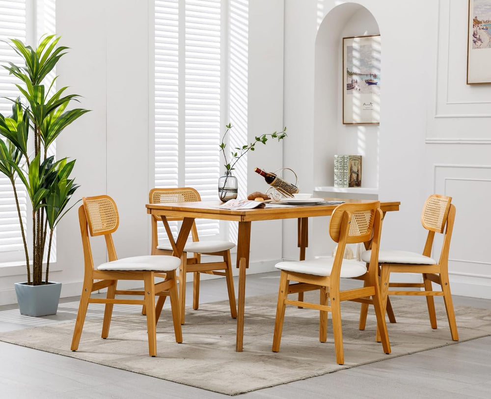 Shunzhi Rattan Dining Chairs Set of 6 Farmhouse White PU Leather Dining Room ...