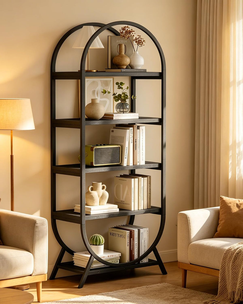 Bookshelf Arched Bookcase, Industrial 5 Tier Open Book Shelves with Metal Fra...