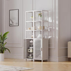 HITNET Bathroom Tall Cabinet, Floor Standing Bamboo Storage Cabinet with 6 Shelves and Shutter Door for Kitchen Living Room, White
