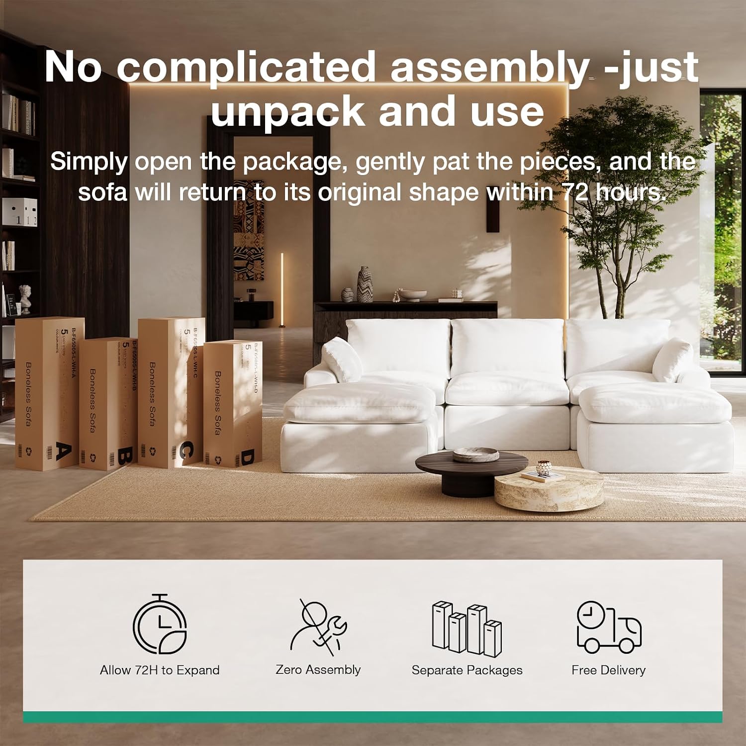 Novilla Modular Cloud Couch, Modern Sectional Sofa with Smarts Coil® Support, Chenille Fabric, Upholstered Couch for Living Room Apartments Bedroom, No Assembly, Ottoman, White