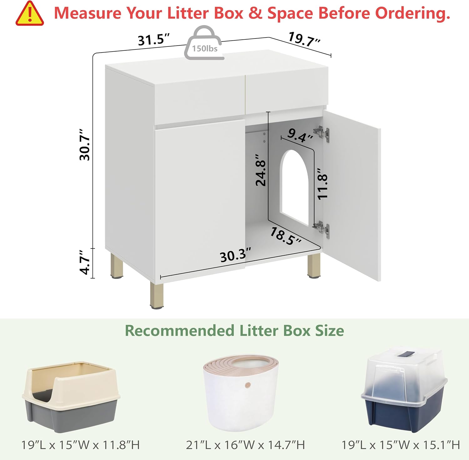 Large/Tall Litter Box Enclosure, Modern Wooden Litter Box Furniture for XL Litterbox with Drawer as Sideboard Cabinet (White)
