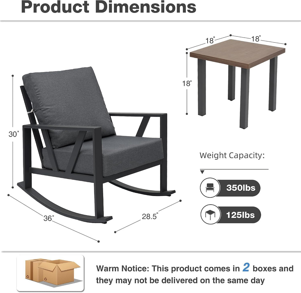 Outdoor Patio Rocking Chairs Set of 2 with 6 Inch Thick Cushions, Grey | 2 Rockers & 1 Metal Coffee Table, Water Resistant and Removable Covers, Rust-Resistant, Ideal for Porch, Balcony,Backyard