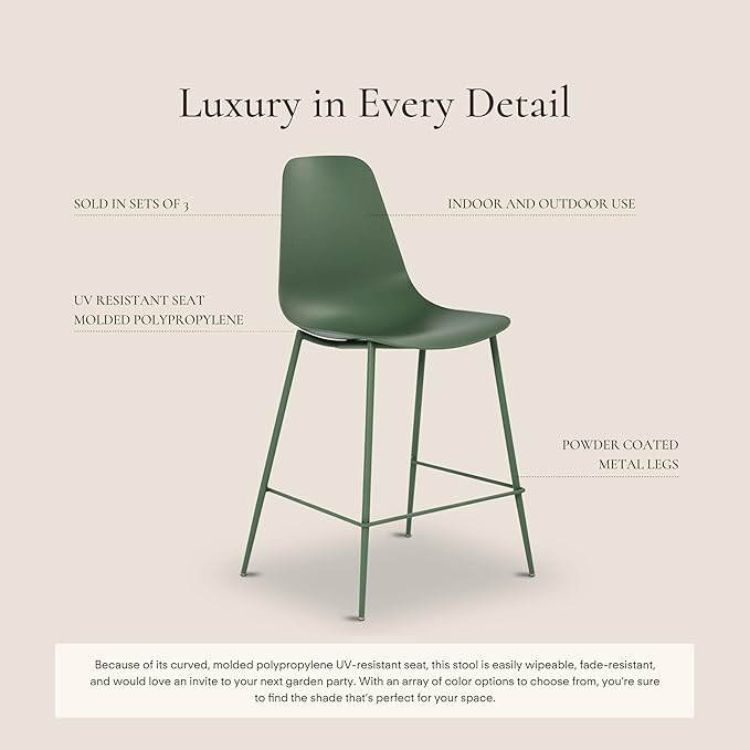 Poly & BARK Isla Bar Stools Set of 3 – Counter Height Bar Stool for Kitchen – Set of Counter Stools – Indoor/Outdoor Barstools – Modern Kitchen Bar Stools - Pistachio Green