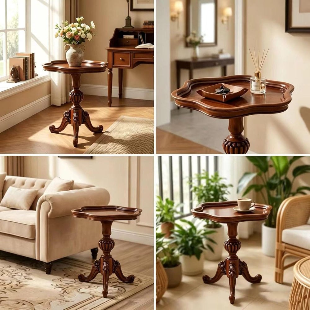 Solid Wood Carved Side Table, Vintage Round End Table with Raised Edge, Tripo...
