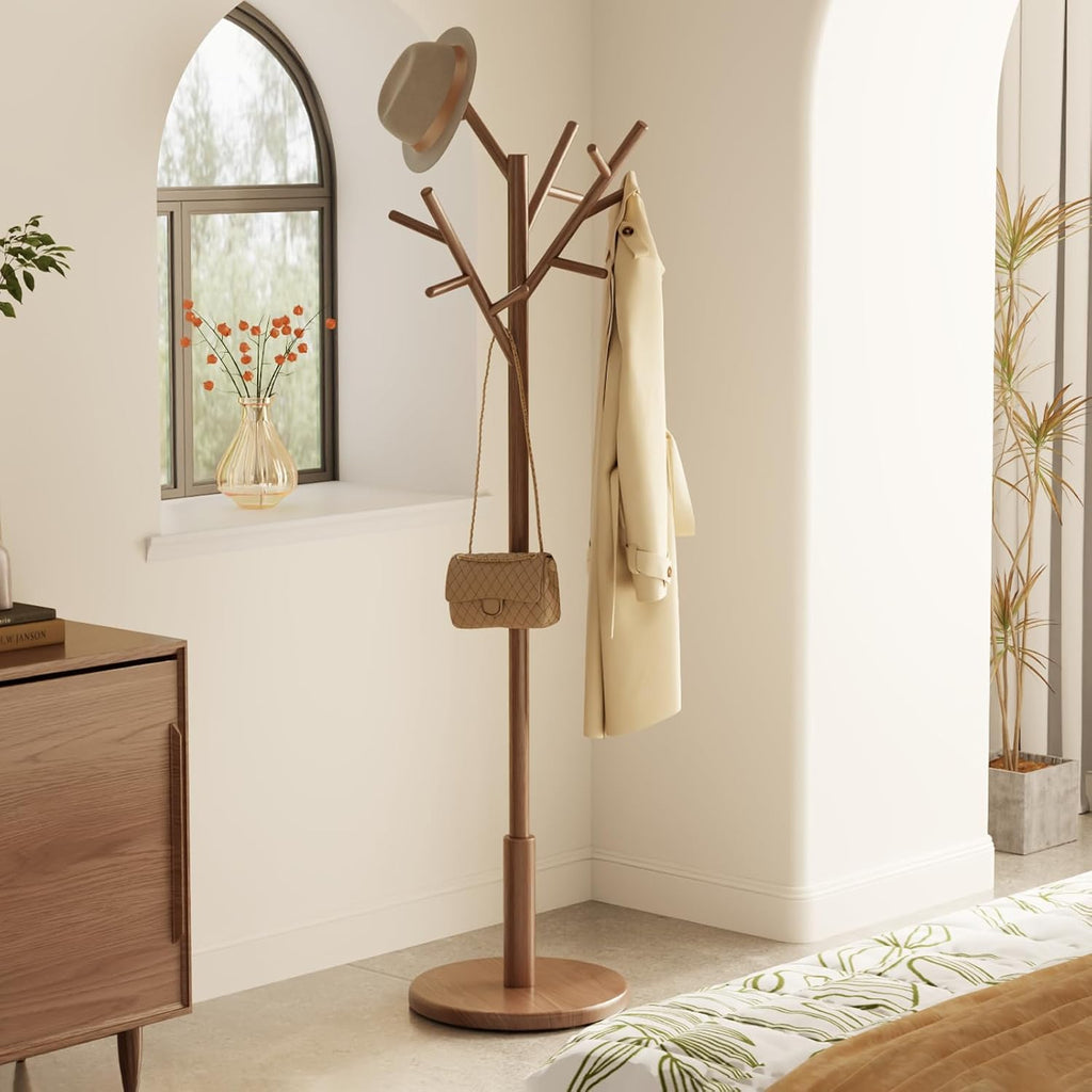 Muwuele Coat Rack, Solid Wood Coat Rack Freestanding With 12 Hooks, Coat Tree Freestanding Heavy Duty 3 Adjustable Heights For Coat, Hats, Handbags, Coat Hanger Stand For Entryway, Bedroom, Walnut