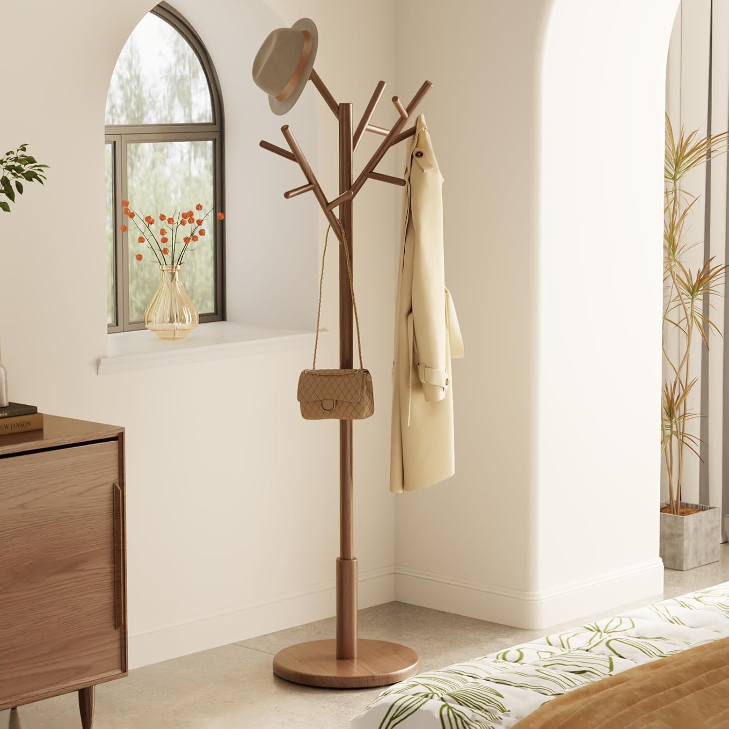 Muwuele Coat Rack, Solid Wood Coat Rack Freestanding With 12 Hooks, Coat Tree Freestanding Heavy Duty 3 Adjustable Heights For Coat, Hats, Handbags, Coat Hanger Stand For Entryway, Bedroom, Walnut