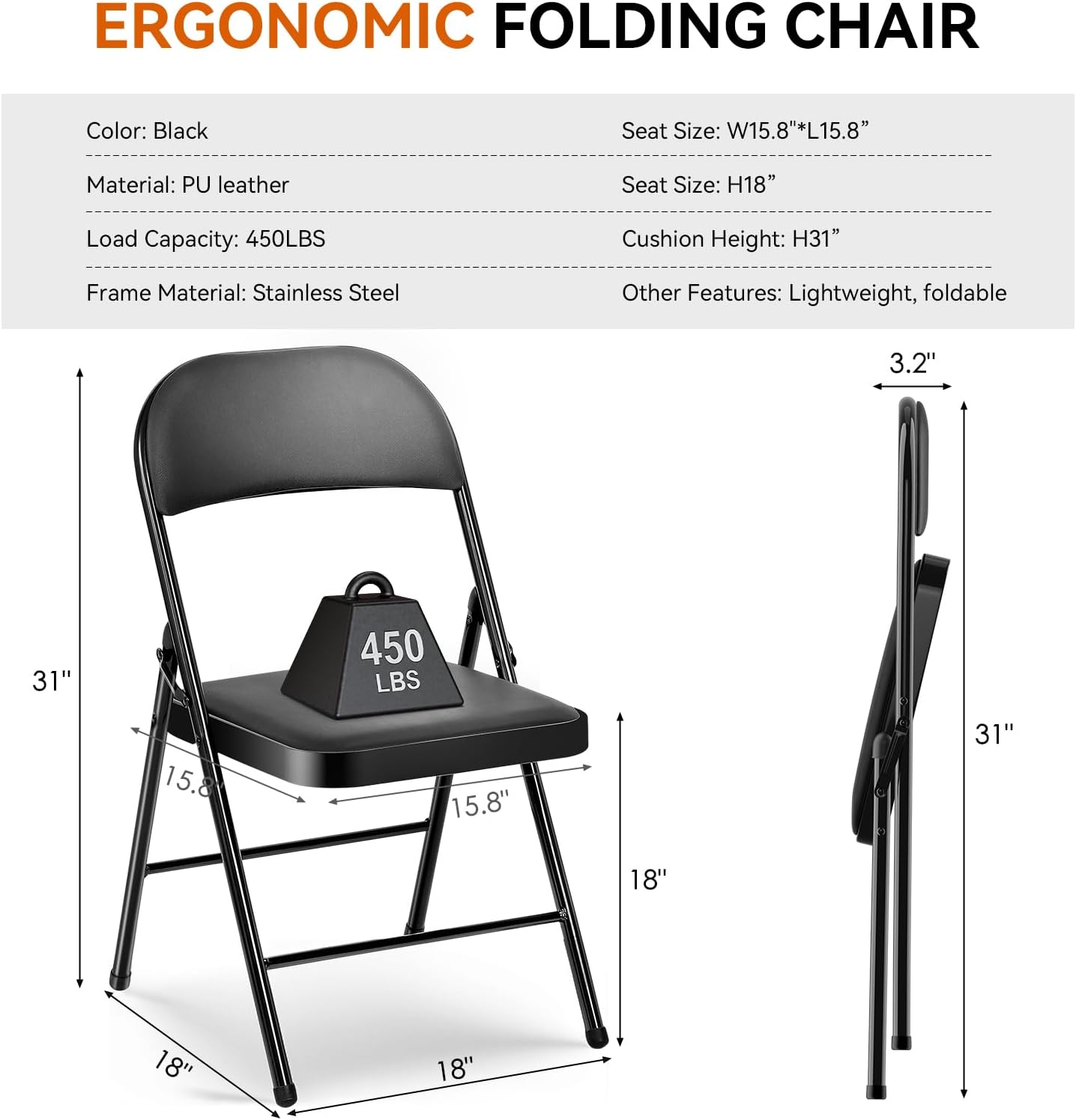 SKONYON Folding Chair with Cushion, 450LBS, PU Padded Metal Chair, Black | Portable single foldable chair with padded seat & back, steel frame, for indoor outdoor events, office, wedding & party