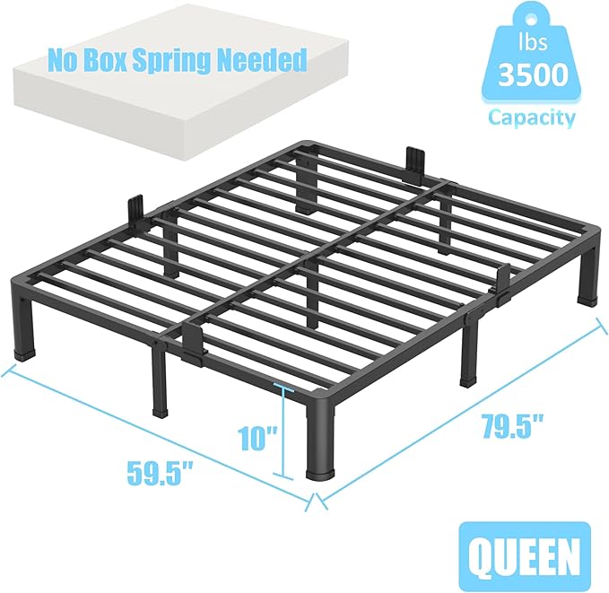 FUIOBYVV 10 Inch Queen Bed Frame with Round Corner Edge Legs 3500 lbs Metal Heavy Duty Steel Slats Support No Box Spring Needed Platform Noise Free Easy Assembly