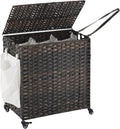 Laundry Hamper with Wheels, 39.6 Gallon(150L) Rolling Laundry Basket with Lid, 3-Section Rattan Clothes Hamper with 3 Removable Liner & 3 Mesh Bags, Laundry Sorter with Side Pocket, Brown