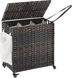 Laundry Hamper with Wheels, 39.6 Gallon(150L) Rolling Laundry Basket with Lid, 3-Section Rattan Clothes Hamper with 3 Removable Liner & 3 Mesh Bags, Laundry Sorter with Side Pocket, Brown
