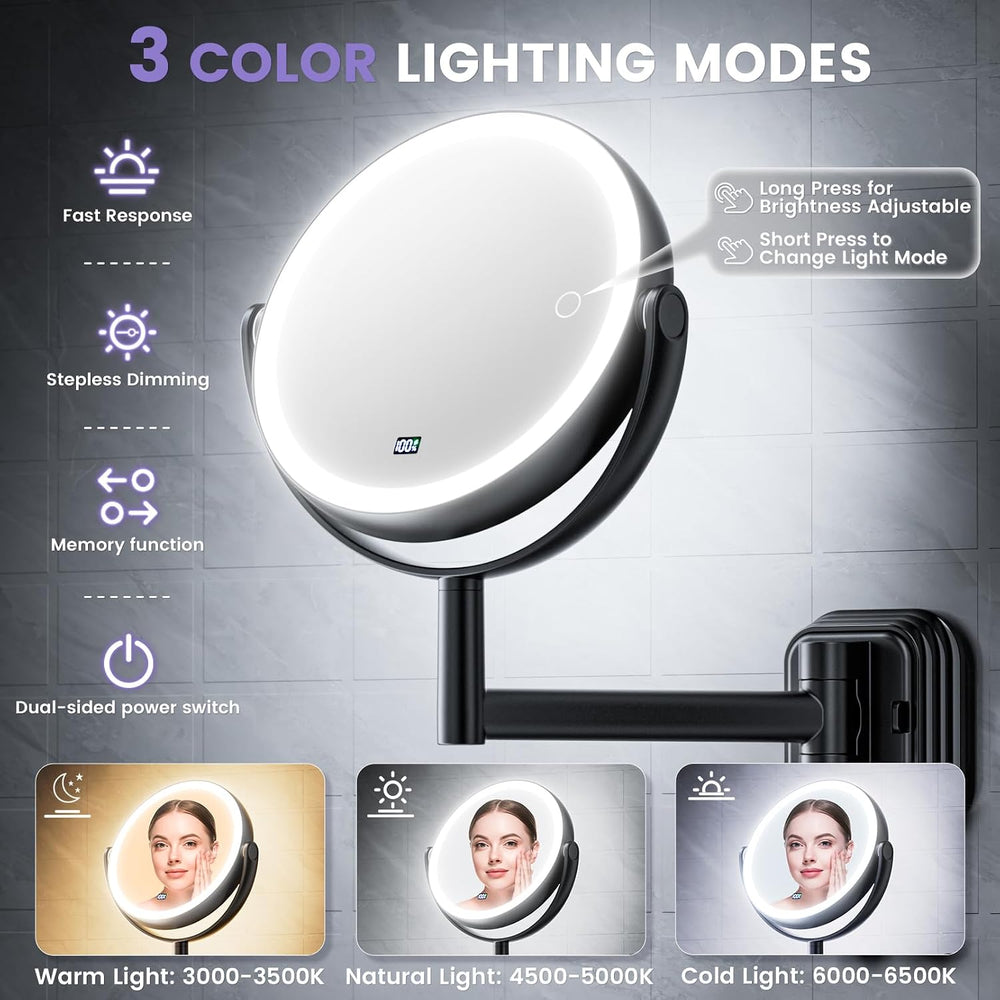 7" Rechargable Wall Mounted Lighted Makeup Mirror with 1X/10X Magnification